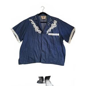 Vintage Neiman Marcus Denim Shirt with Pearl and Lace Embellishments